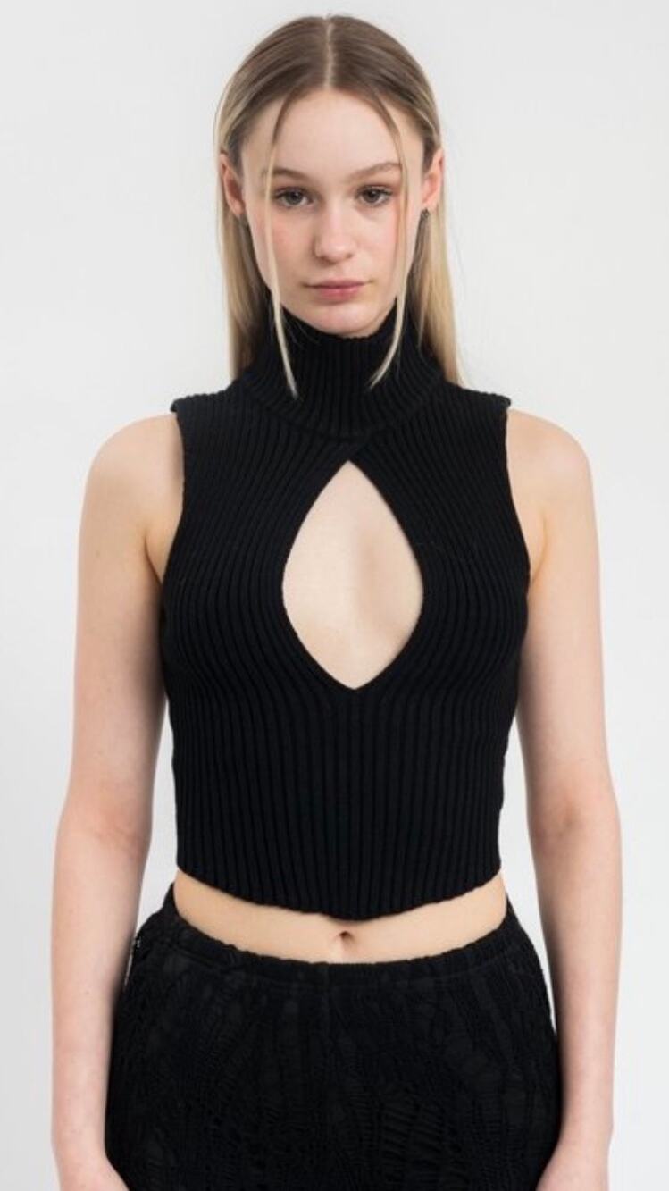 Danielle Guizio Cut Out Rib Knit Turtleneck Top Black Women's XS